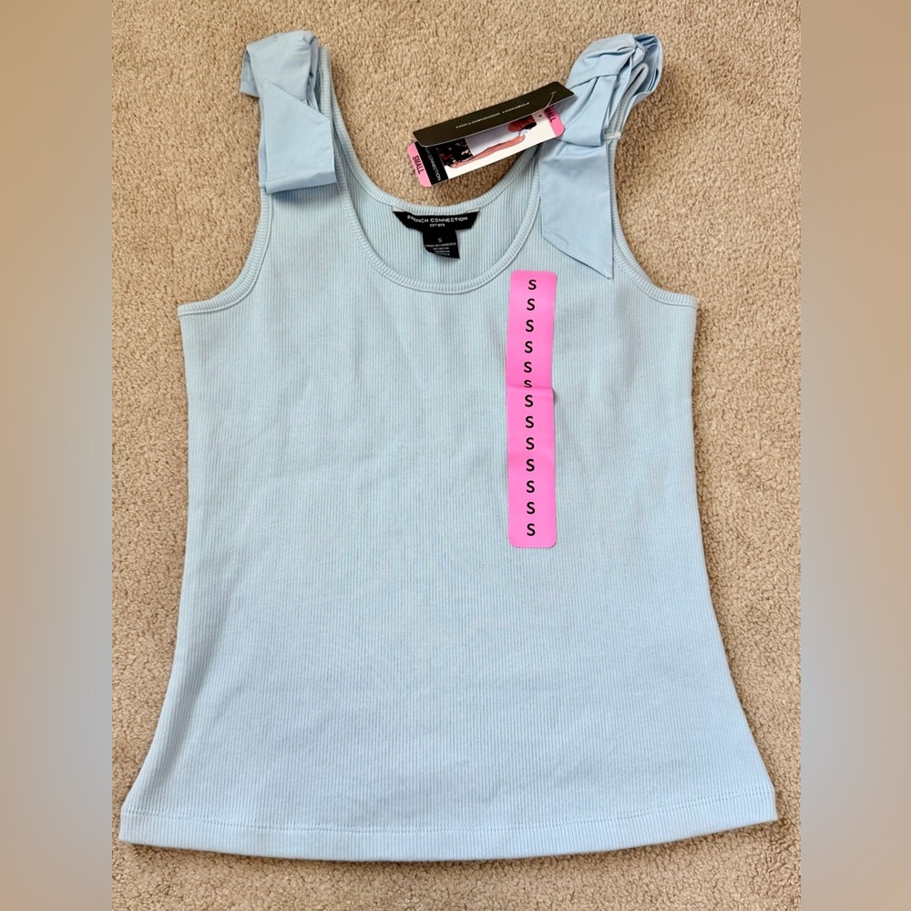 French Connection Pale Blue Ribbed Tank with Bow Straps